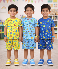 Boys Cotton Cartoon Printed Kids Co-ord Set Combo | Age 1 to 10 Years | Tshirt & Shorts (Combo Set Pack of 3)