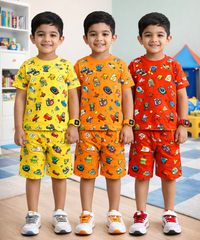 Boys Cotton Cartoon Printed Kids Co-ord Set Combo | Age 1 to 10 Years | Tshirt & Shorts (Combo Set Pack of 3)