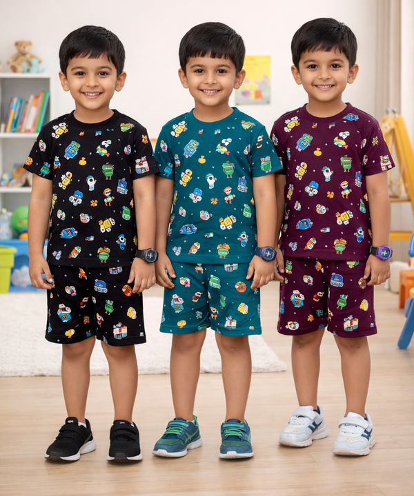 Boys Cotton Cartoon Printed Kids Co-ord Set Combo | Age 0 to 4 Years | Tshirt & Shorts (Combo Set Pack of 3)