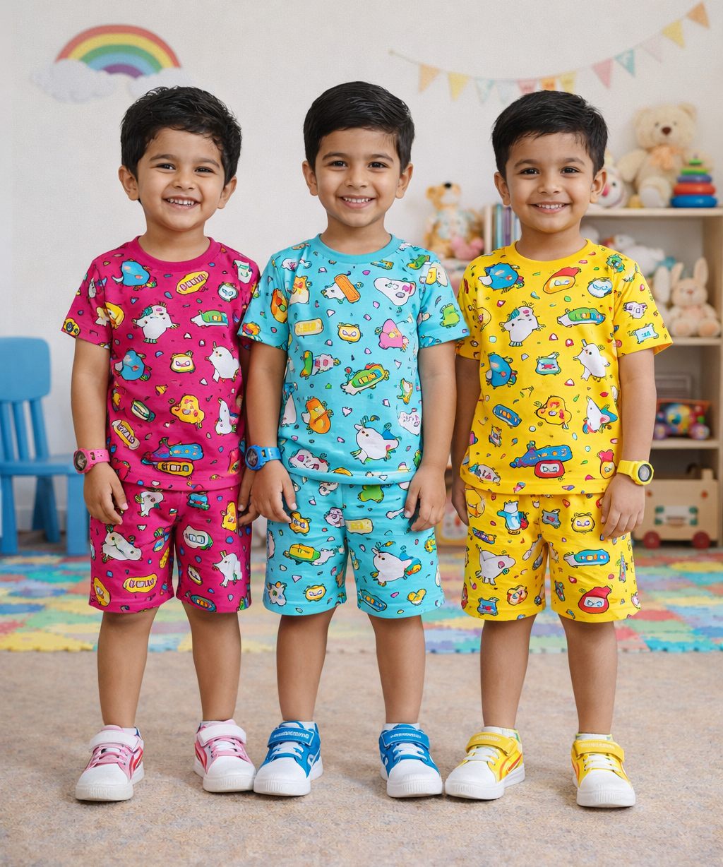 Boys Cotton Cartoon Printed Kids Co-ord Set Combo | Age 1 to 10 Years | Tshirt & Shorts (Combo Set Pack of 3)