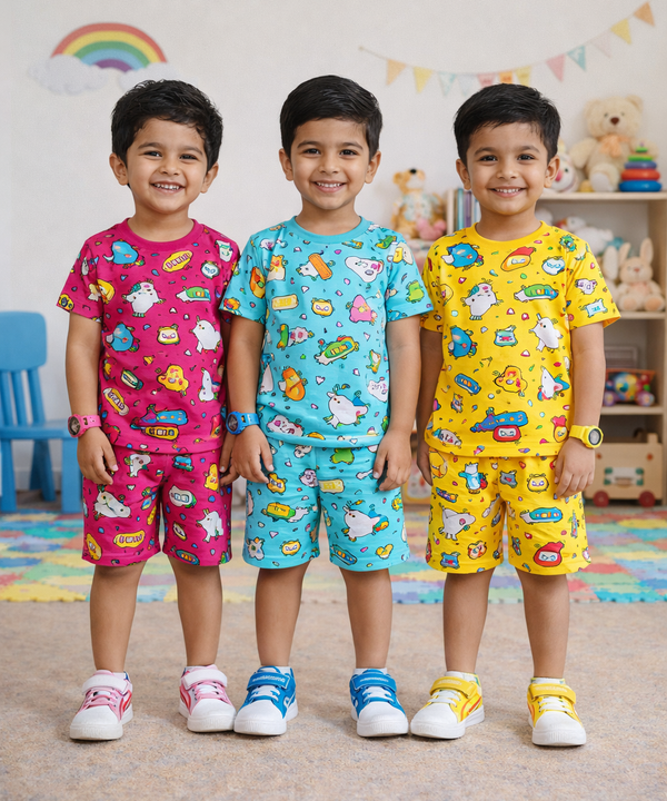 Boys Cotton Cartoon Printed Kids Co-ord Set Combo | Age 0 to 4 Years | Tshirt & Shorts (Combo Set Pack of 3)