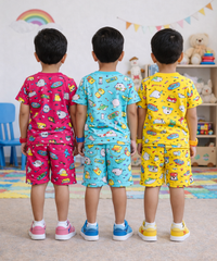 Boys Cotton Cartoon Printed Kids Co-ord Set Combo | Age 1 to 10 Years | Tshirt & Shorts (Combo Set Pack of 3)