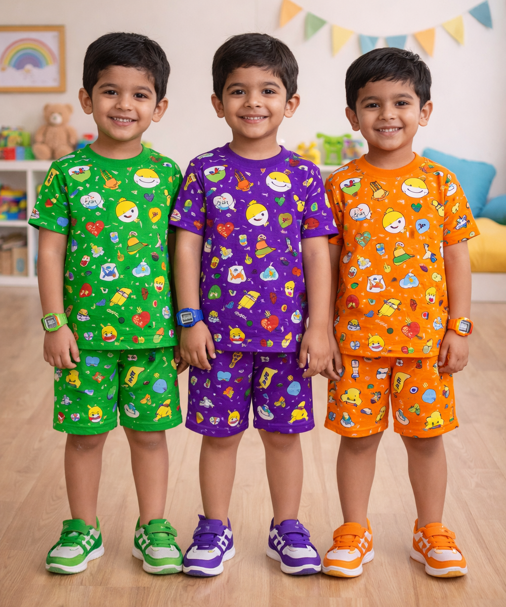 Boys Cotton Cartoon Printed Kids Co-ord Set Combo | Age 1 to 10 Years | Tshirt & Shorts (Combo Set Pack of 3)