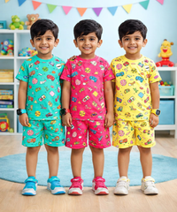 Boys Cotton Cartoon Printed Kids Co-ord Set Combo | Age 1 to 10 Years | Tshirt & Shorts (Combo Set Pack of 3)