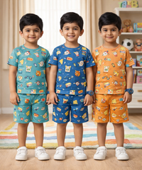 Boys Cotton Cartoon Printed Kids Co-ord Set Combo | Age 1 to 10 Years | Tshirt & Shorts (Combo Set Pack of 3)