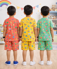 Boys Cotton Cartoon Printed Kids Co-ord Set Combo | Age 1 to 10 Years | Tshirt & Shorts (Combo Set Pack of 3)