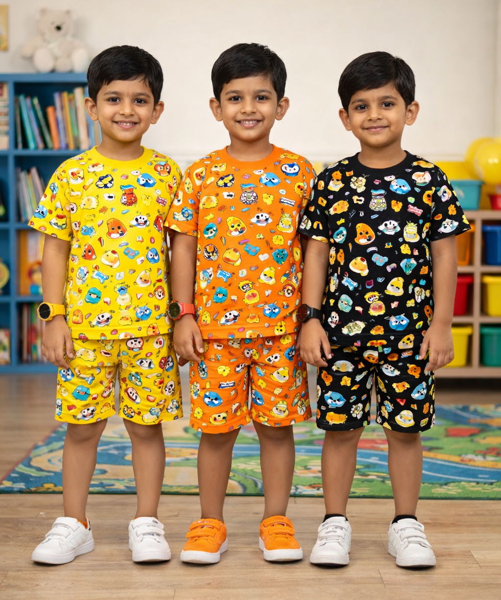 Boys Cotton Cartoon Printed Kids Co-ord Set Combo | Age 1 to 10 Years | Tshirt & Shorts (Combo Set Pack of 3)