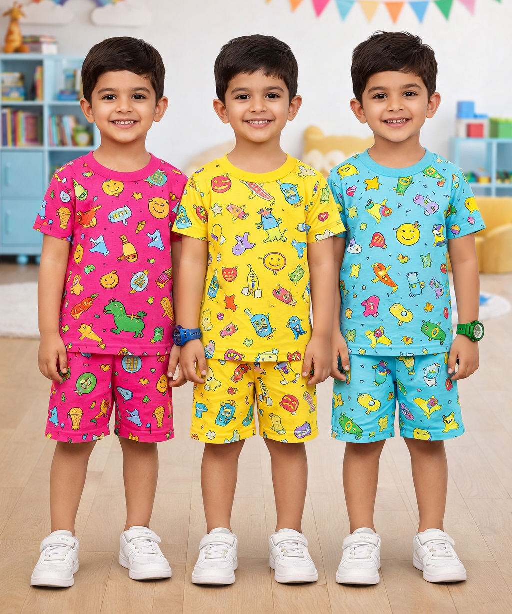 Boys Cotton Cartoon Printed Kids Co-ord Set Combo | Age 1 to 10 Years | Tshirt & Shorts (Combo Set Pack of 3)