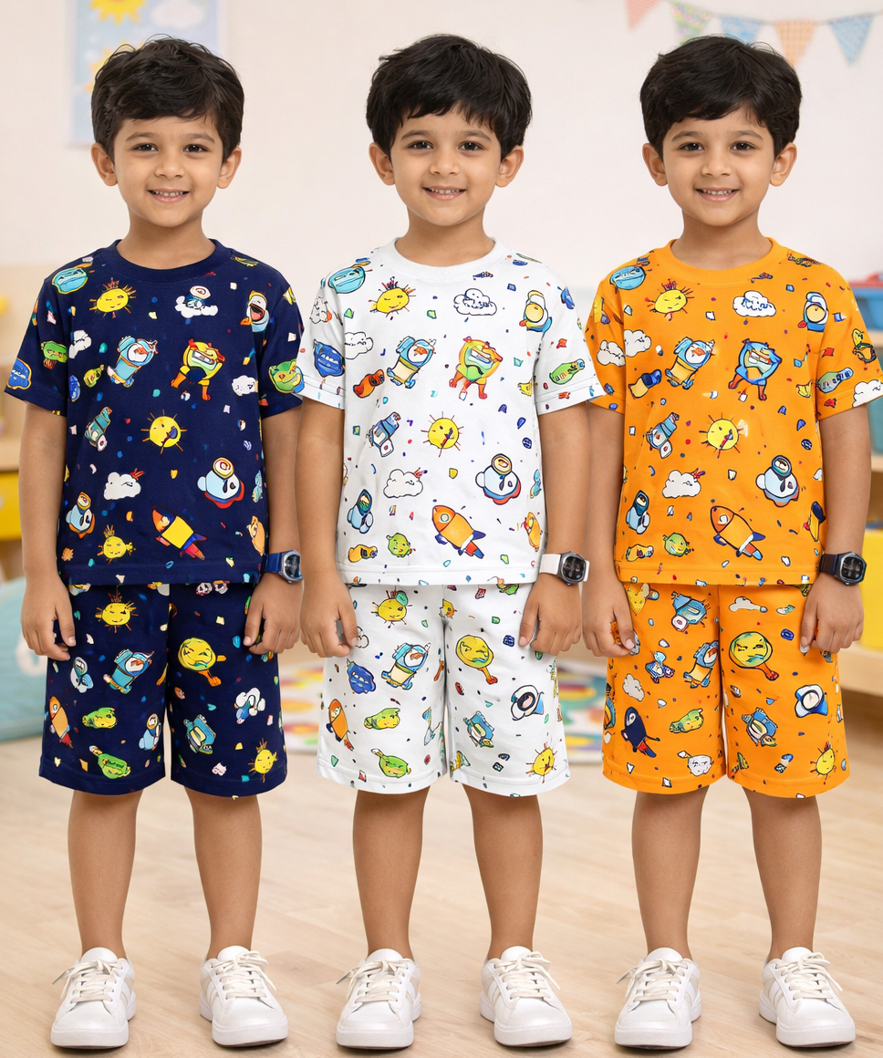 Boys Cotton Cartoon Printed Kids Co-ord Set Combo | Age 1 to 10 Years | Tshirt & Shorts (Combo Set Pack of 3)