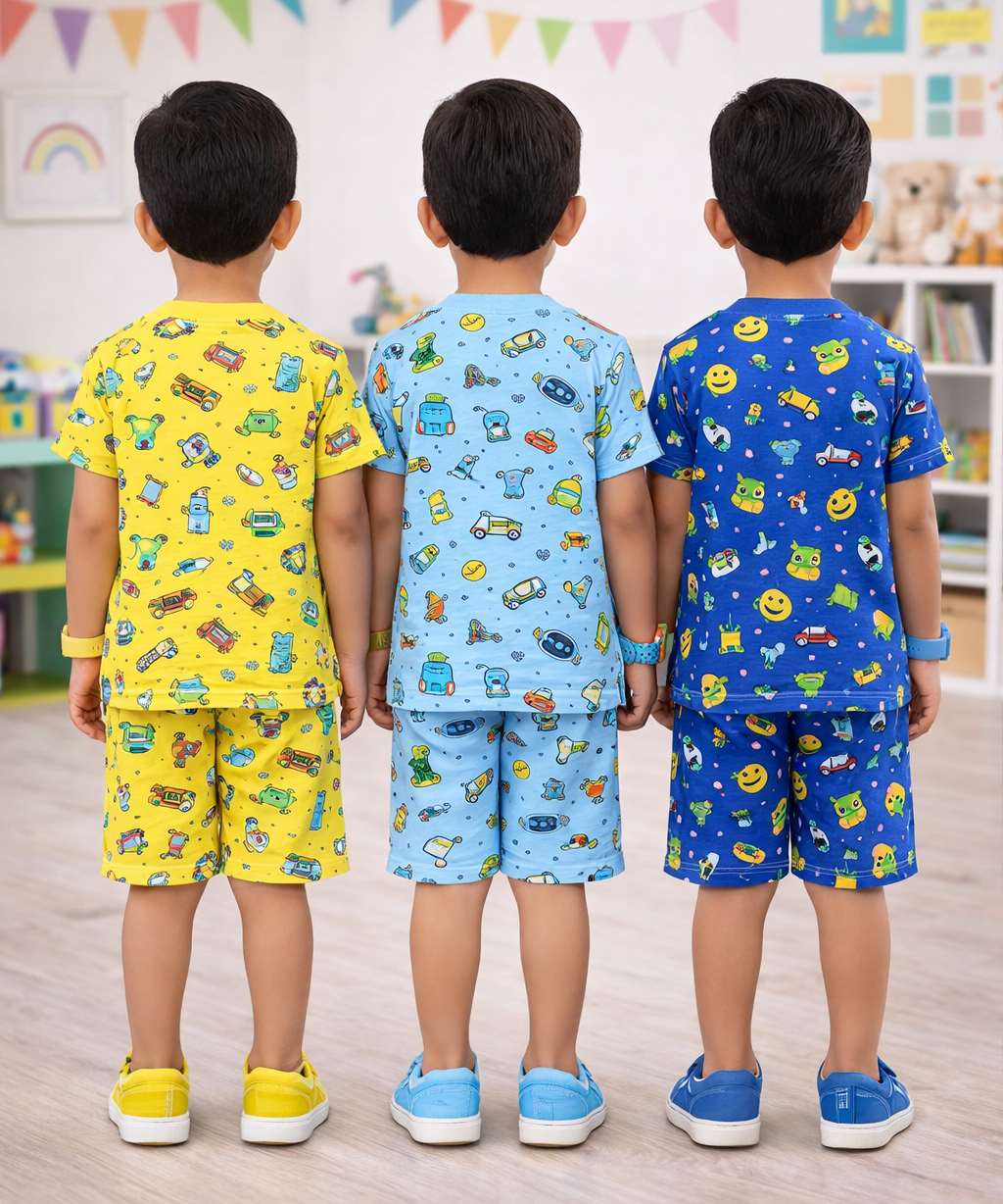 Boys Cotton Cartoon Printed Kids Co-ord Set Combo | Age 1 to 10 Years | Tshirt & Shorts (Combo Set Pack of 3)