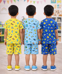 Boys Cotton Cartoon Printed Kids Co-ord Set Combo | Age 1 to 10 Years | Tshirt & Shorts (Combo Set Pack of 3)