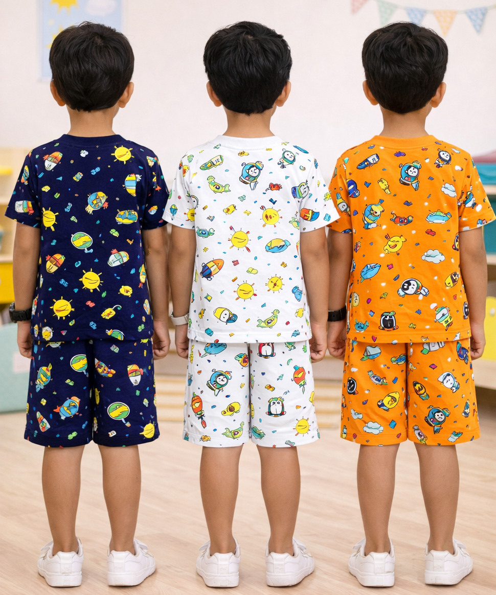 Boys Cotton Cartoon Printed Kids Co-ord Set Combo | Age 1 to 10 Years | Tshirt & Shorts (Combo Set Pack of 3)