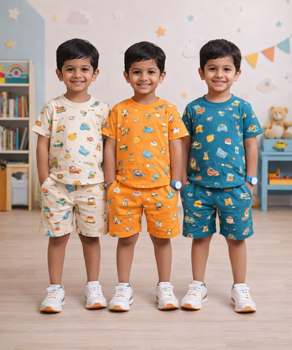 Boys Cotton Cartoon Printed Kids Co-ord Set Combo | Age 1 to 10 Years | Tshirt & Shorts (Combo Set Pack of 3)