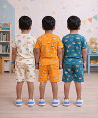 Boys Cotton Cartoon Printed Kids Co-ord Set Combo | Age 1 to 10 Years | Tshirt & Shorts (Combo Set Pack of 3)