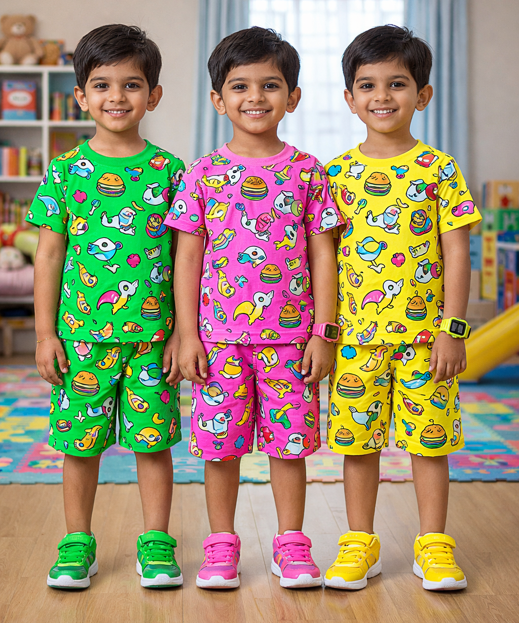 Boys Cotton Cartoon Printed Kids Co-ord Set Combo | Age 1 to 10 Years | Tshirt & Shorts (Combo Set Pack of 3)