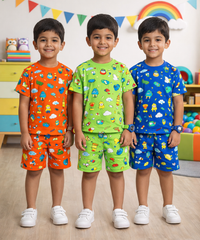 Boys Cotton Cartoon Printed Kids Co-ord Set Combo | Age 1 to 10 Years | Tshirt & Shorts (Combo Set Pack of 3)