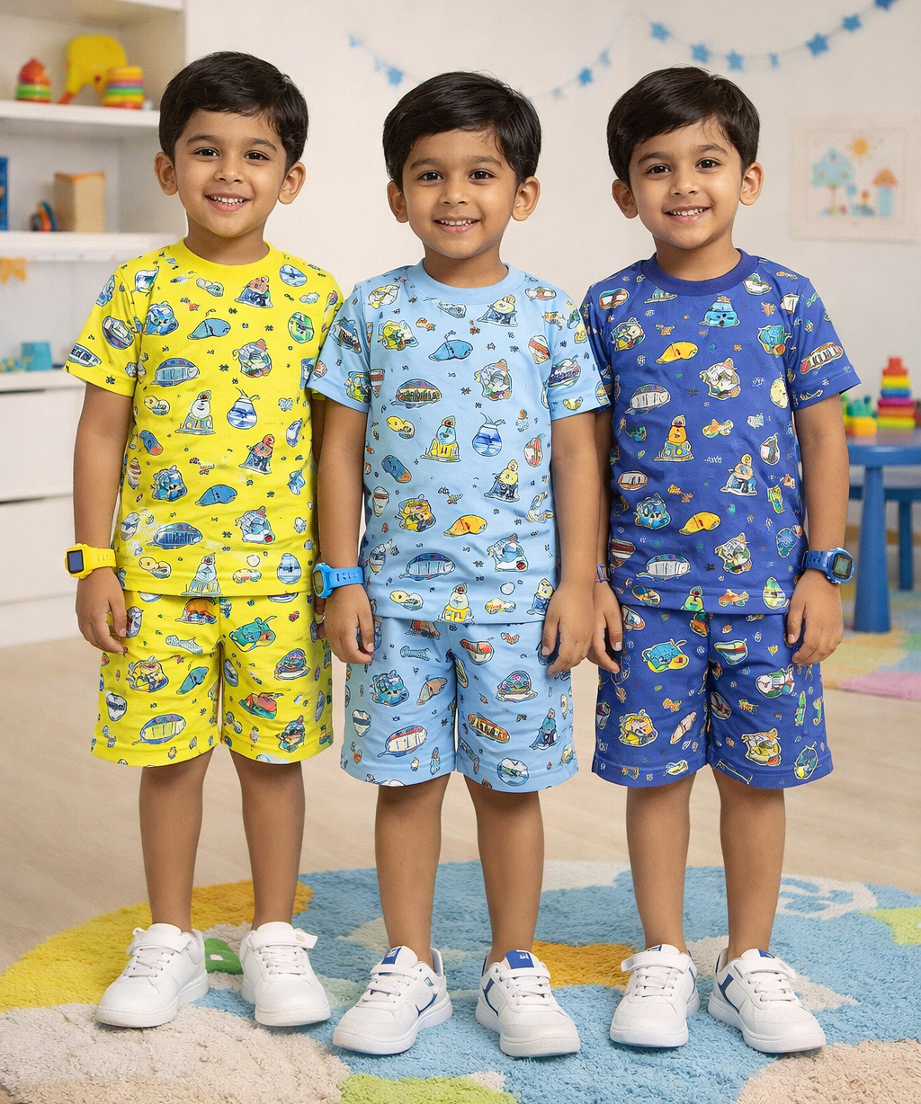 Boys Cotton Cartoon Printed Kids Co-ord Set Combo | Age 1 to 10 Years | Tshirt & Shorts (Combo Set Pack of 3)