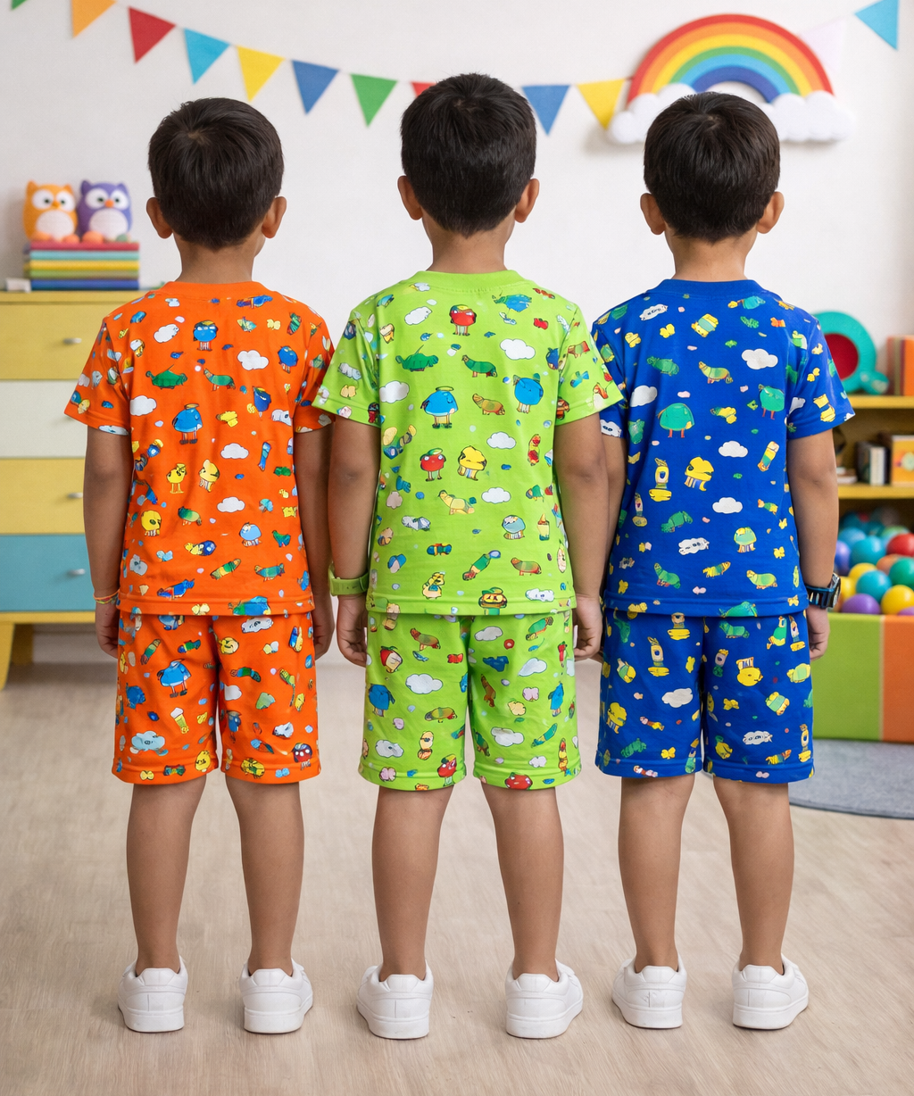 Boys Cotton Cartoon Printed Kids Co-ord Set Combo | Age 1 to 10 Years | Tshirt & Shorts (Combo Set Pack of 3)