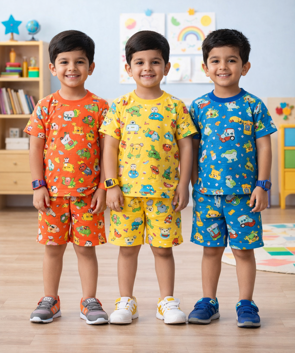 Boys Cotton Cartoon Printed Kids Co-ord Set Combo | Age 1 to 10 Years | Tshirt & Shorts (Combo Set Pack of 3)