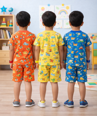 Boys Cotton Cartoon Printed Kids Co-ord Set Combo | Age 1 to 10 Years | Tshirt & Shorts (Combo Set Pack of 3)