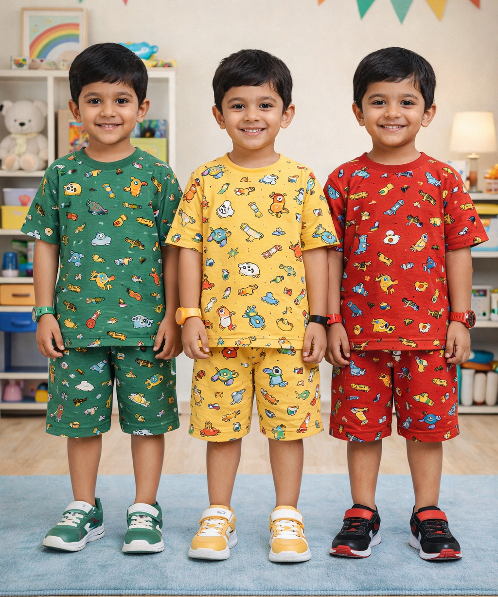 Boys Cotton Cartoon Printed Kids Co-ord Set Combo | Age 1 to 10 Years | Tshirt & Shorts (Combo Set Pack of 3)