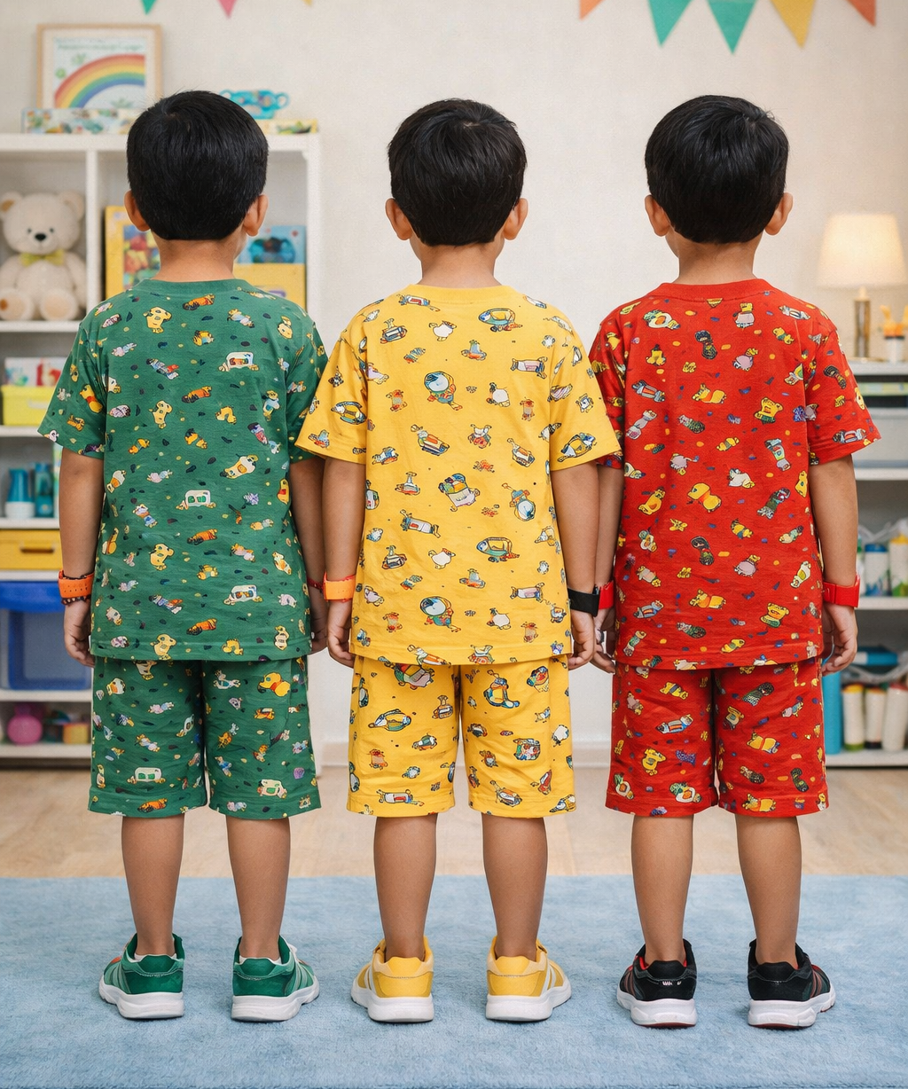 Boys Cotton Cartoon Printed Kids Co-ord Set Combo | Age 1 to 10 Years | Tshirt & Shorts (Combo Set Pack of 3)