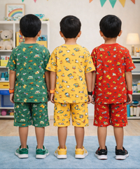 Boys Cotton Cartoon Printed Kids Co-ord Set Combo | Age 1 to 10 Years | Tshirt & Shorts (Combo Set Pack of 3)