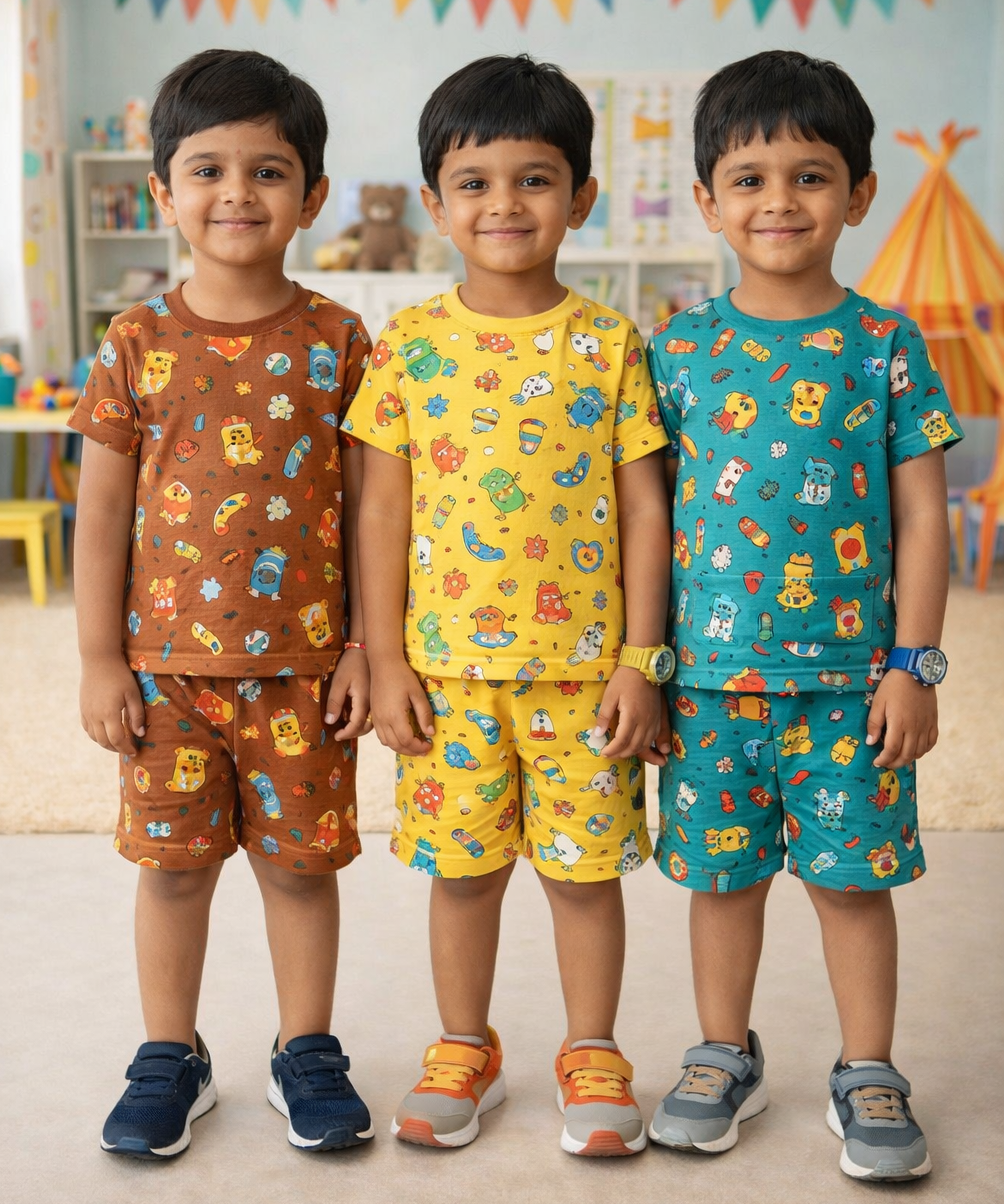 Boys Cotton Cartoon Printed Kids Co-ord Set Combo | Age 1 to 10 Years | Tshirt & Shorts (Combo Set Pack of 3)