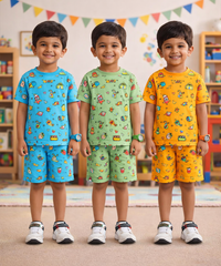 Boys Cotton Cartoon Printed Kids Co-ord Set Combo | Age 1 to 10 Years | Tshirt & Shorts (Combo Set Pack of 3)