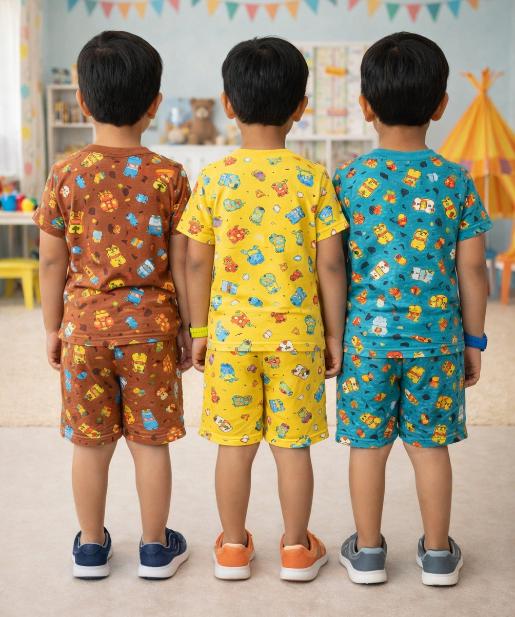 Boys Cotton Cartoon Printed Kids Co-ord Set Combo | Age 1 to 10 Years | Tshirt & Shorts (Combo Set Pack of 3)