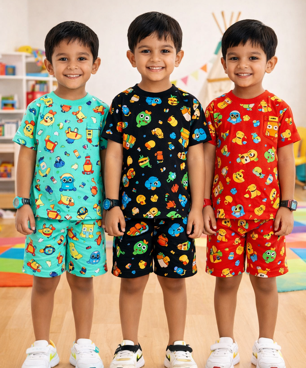 Boys Cotton Cartoon Printed Kids Co-ord Set Combo | Age 0 to 4 Years | Tshirt & Shorts (Combo Set Pack of 3)