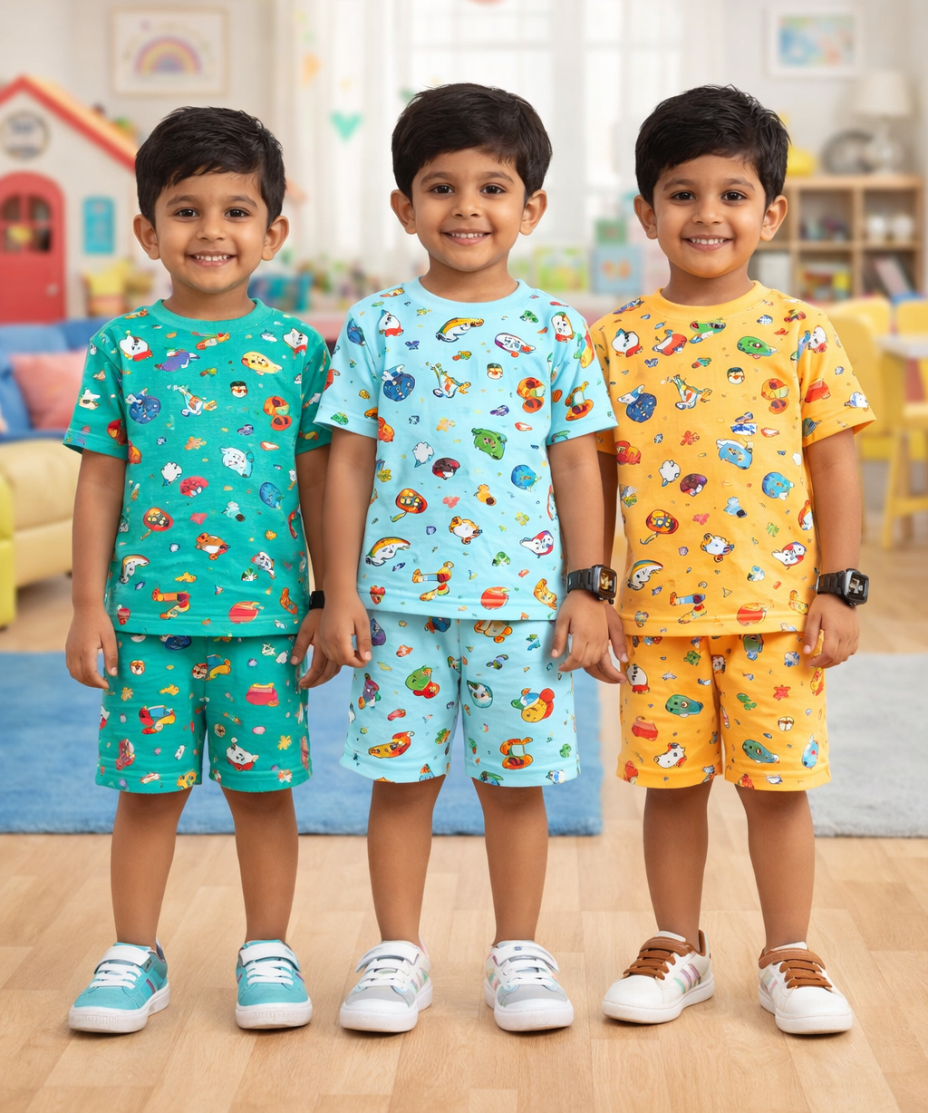 Boys Cotton Cartoon Printed Kids Co-ord Set Combo | Age 1 to 10 Years | Tshirt & Shorts (Combo Set Pack of 3)