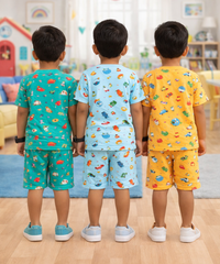 Boys Cotton Cartoon Printed Kids Co-ord Set Combo | Age 1 to 10 Years | Tshirt & Shorts (Combo Set Pack of 3)