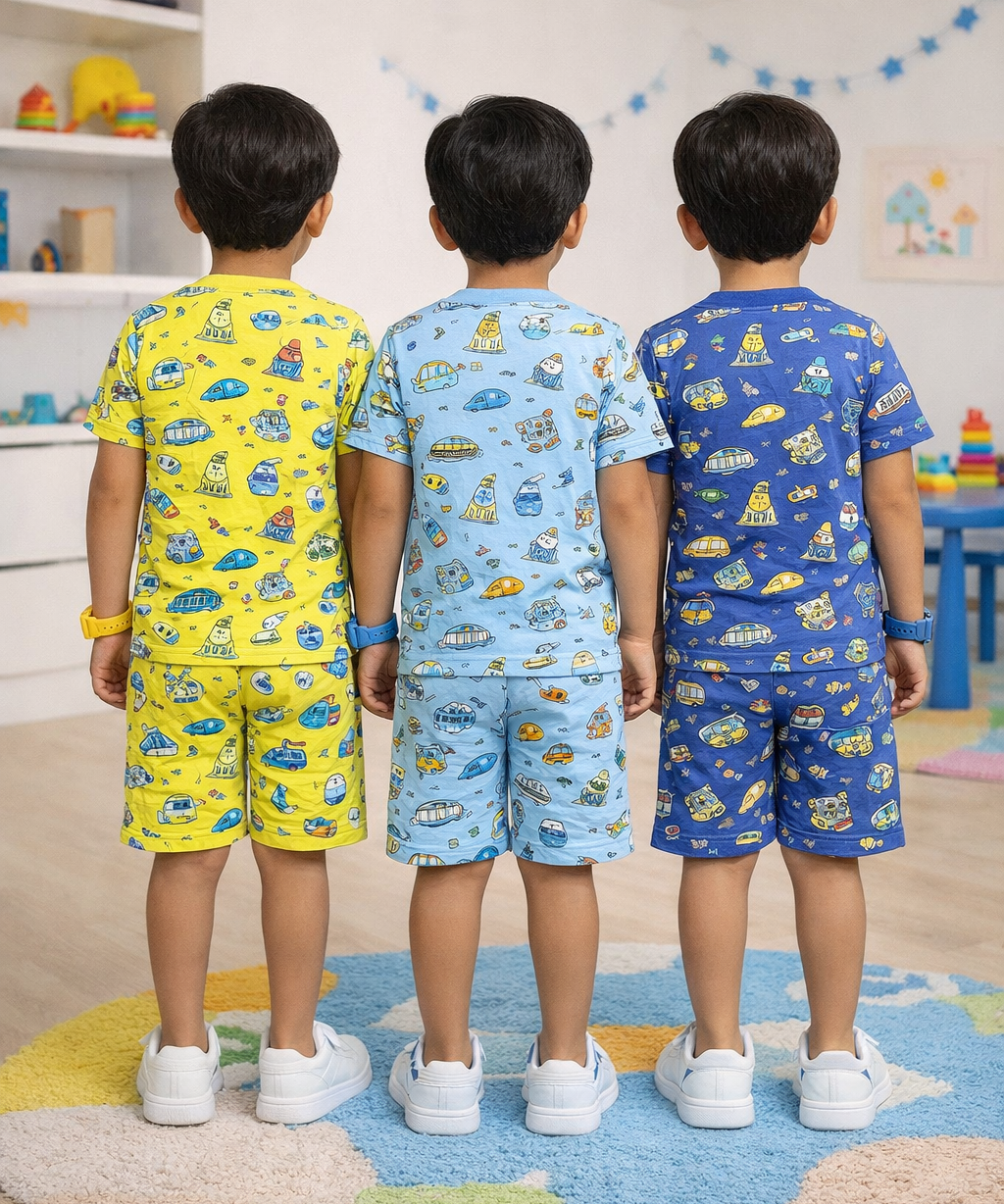 Boys Cotton Cartoon Printed Kids Co-ord Set Combo | Age 1 to 10 Years | Tshirt & Shorts (Combo Set Pack of 3)
