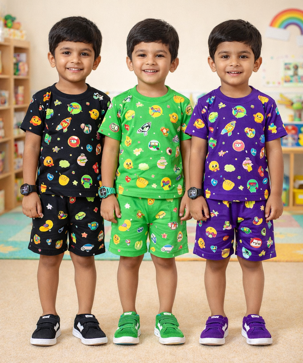 Boys Cotton Cartoon Printed Kids Co-ord Set Combo | Age 1 to 10 Years | Tshirt & Shorts (Combo Set Pack of 3)
