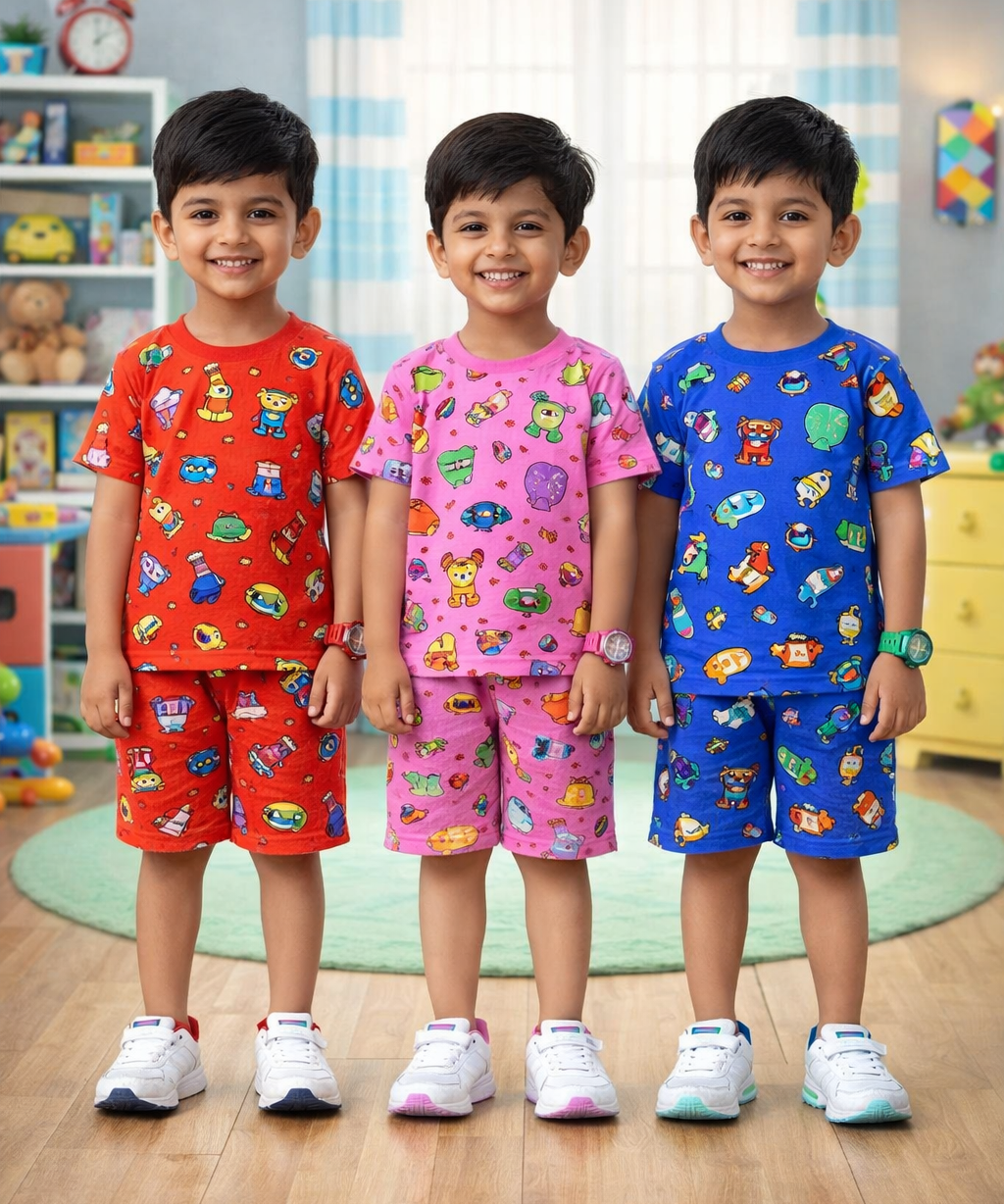 Boys Cotton Cartoon Printed Kids Co-ord Set Combo | Age 1 to 10 Years | Tshirt & Shorts (Combo Set Pack of 3)