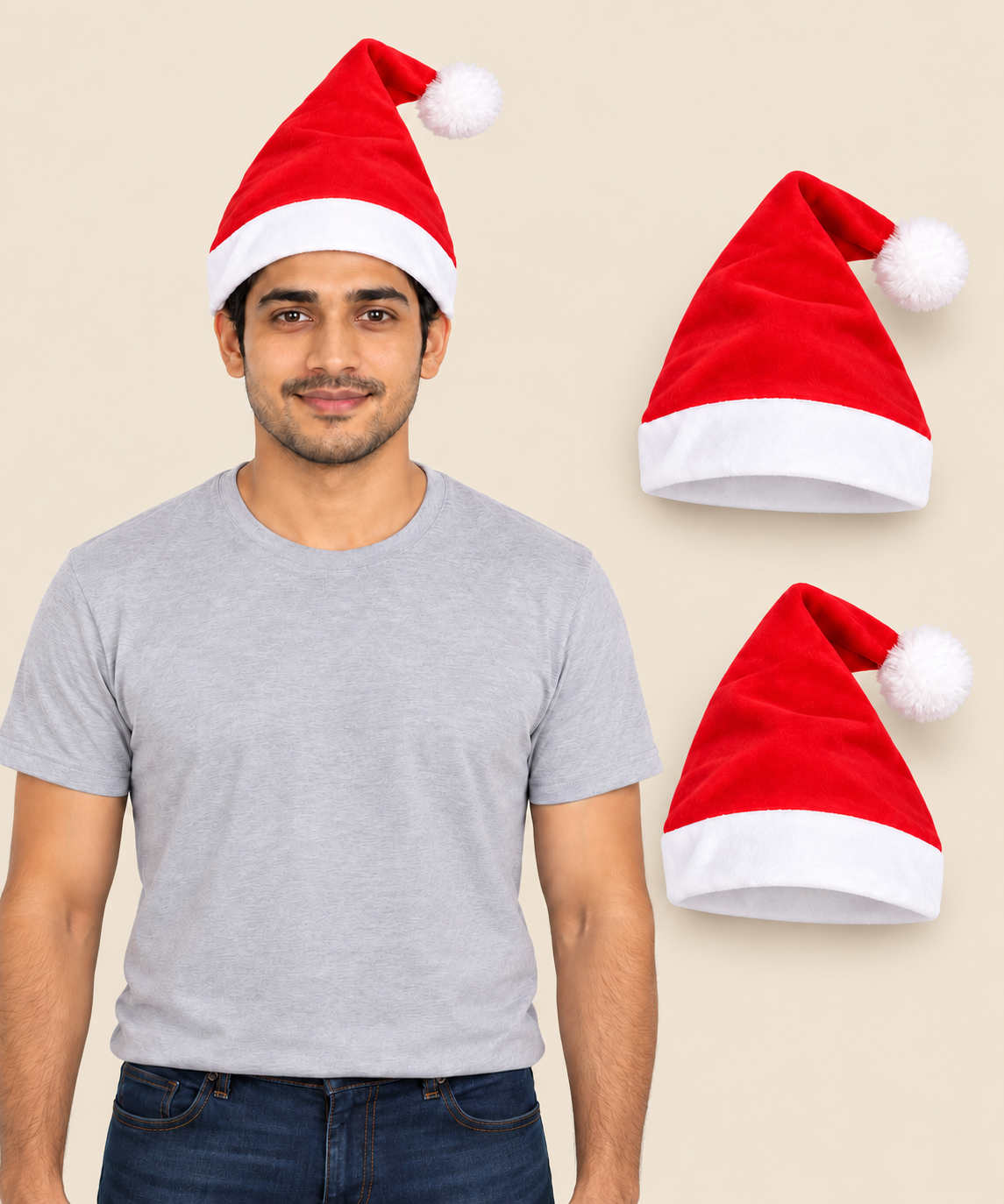 Christmas Santa Claus Cap for Adult Men and Women Unisex | Fleece Fabric | Red Color & Border White Cuff (Combo Pack)