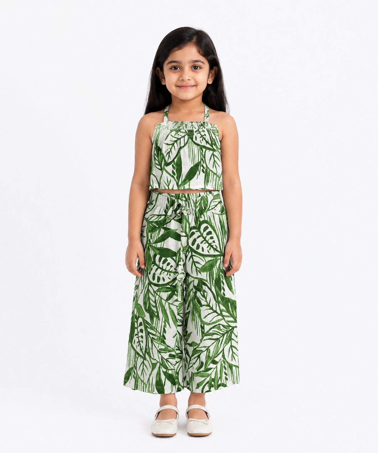 Girls Green Tropical Leaf Printed Co-Ord Set | Sleeveless Halter Neck Crop Top & Wide Leg Palazzo Pants | Age 2 to 8 Years
