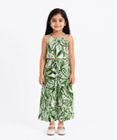 Girls Green Tropical Leaf Printed Co-Ord Set | Sleeveless Halter Neck Crop Top & Wide Leg Palazzo Pants | Age 2 to 8 Years