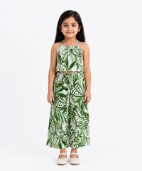 Girls Green Tropical Leaf Printed Co-Ord Set | Sleeveless Halter Neck Crop Top & Wide Leg Palazzo Pants | Age 2 to 8 Years