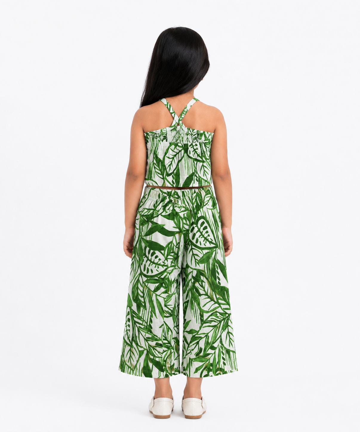 Girls Green Tropical Leaf Printed Co-Ord Set | Sleeveless Halter Neck Crop Top & Wide Leg Palazzo Pants | Age 2 to 8 Years