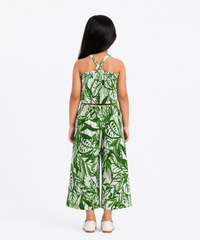 Girls Green Tropical Leaf Printed Co-Ord Set | Sleeveless Halter Neck Crop Top & Wide Leg Palazzo Pants | Age 2 to 8 Years