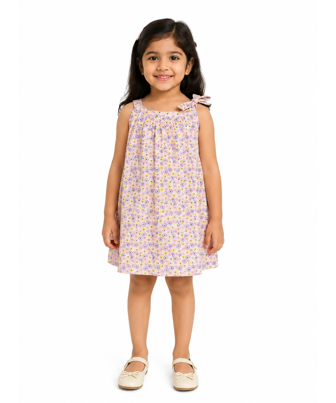 Girls Floral Printed Sleeveless Cotton A-Line Dress with Shoulder Bow | Casual Summer Frock for Kids | Age 1 to 10 Years