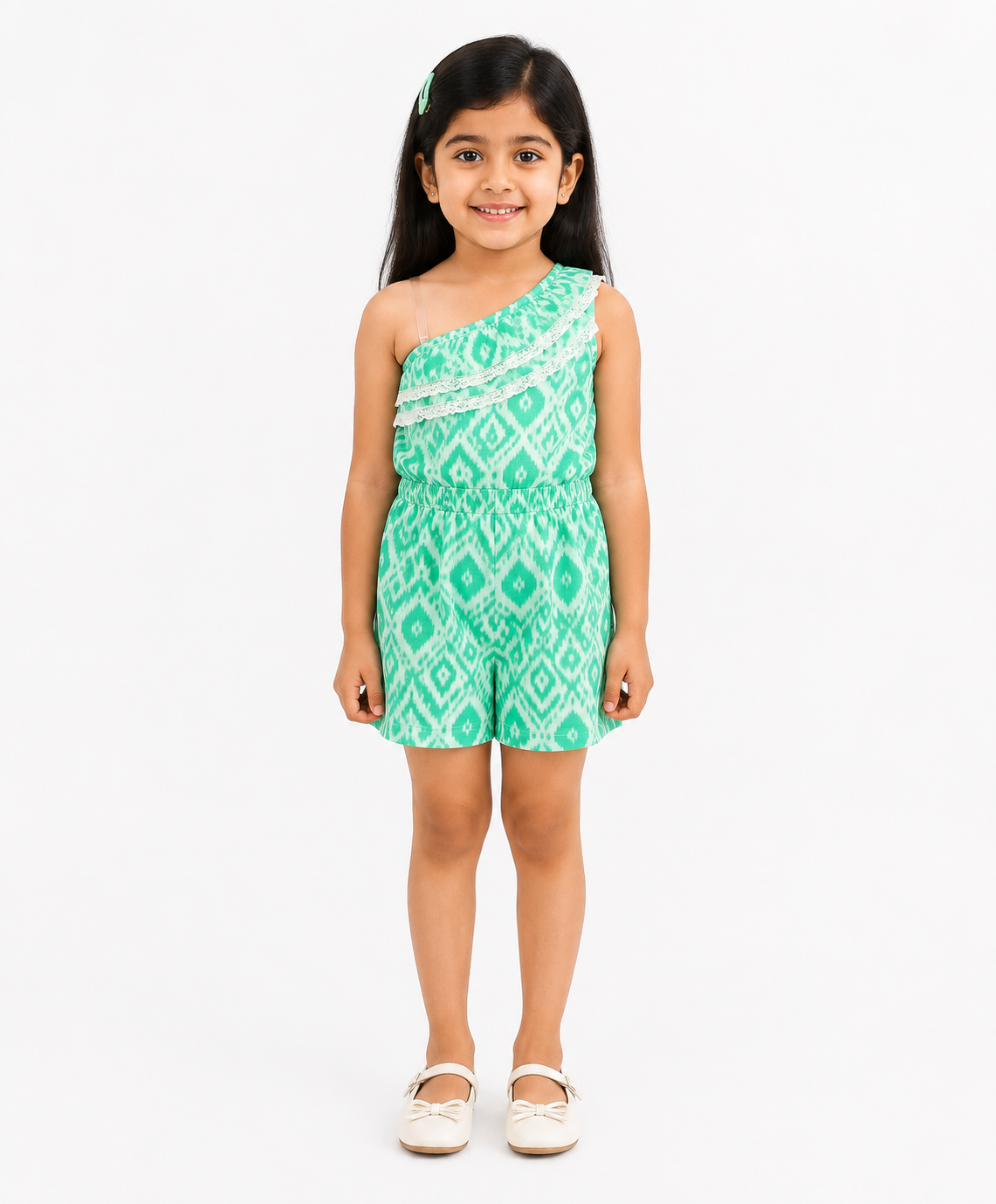 Girls Mint Green One-Shoulder Printed Romper with Lace Ruffle Detail | Kids Summer Playsuit | Age 1 to 6