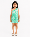 Girls Mint Green One-Shoulder Printed Romper with Lace Ruffle Detail | Kids Summer Playsuit | Age 1 to 6
