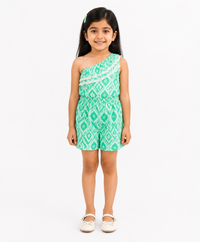 Girls Mint Green One-Shoulder Printed Romper with Lace Ruffle Detail | Kids Summer Playsuit | Age 1 to 6