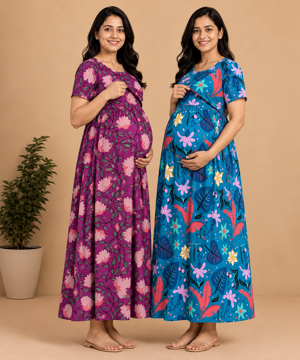Maternity Feeding Maxi Dress | Nursing Friendly Nighty Style (Pack of 2 Pieces)