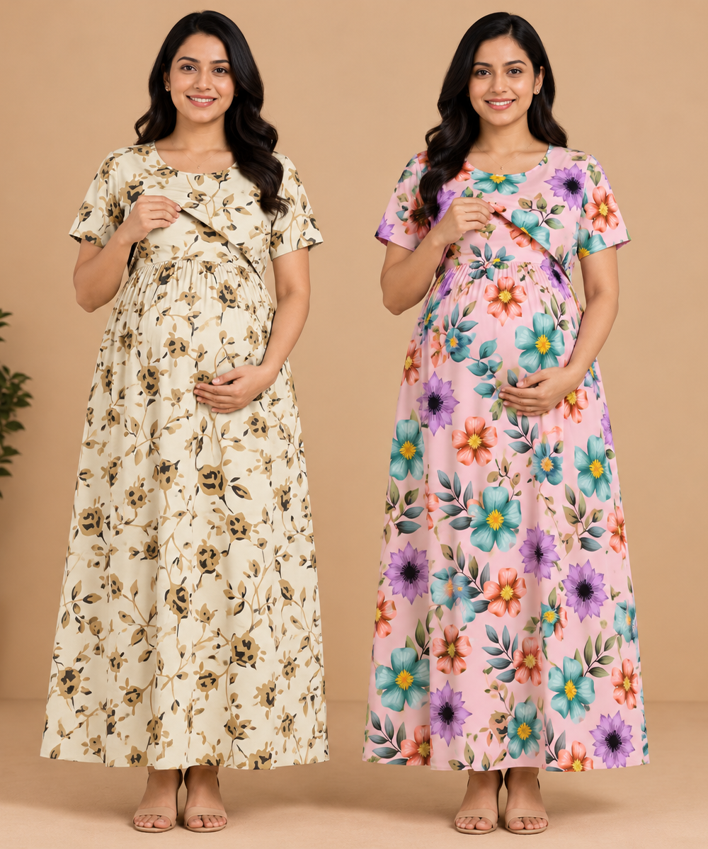 Maternity Feeding Maxi Dress | Nursing Friendly Nighty Style (Pack of 2 Pieces)