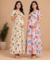 Maternity Feeding Maxi Dress | Nursing Friendly Nighty Style (Pack of 2 Pieces)