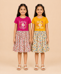 Girls Printed Half Sleeve Cotton Contrast Frock Dress | Floral Knee Length Casual Wear for Kids | Age - 5 to 10 Years | (Pack of 2)